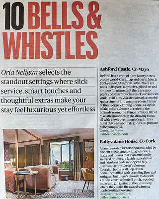 Ballyvolane House has been featured in The Sunday Times Ireland’s 100 Best Places to Stay 2026, including its “10 Bells & Whistles” selection